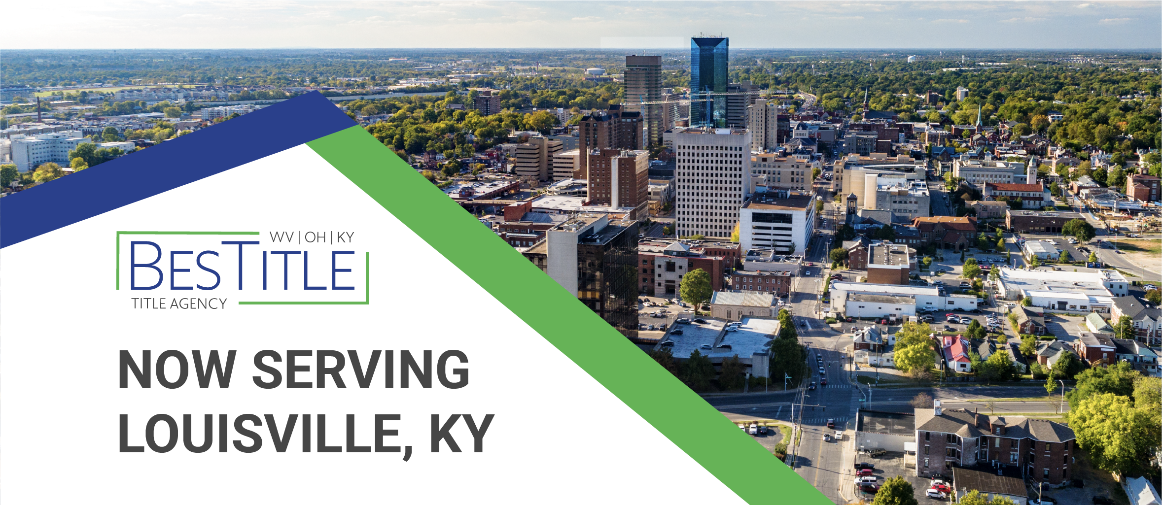 The skyline of Louisville, Kentucky with the BesTitle logo and the words "NOW SERVING LOUISVILLE, KY."